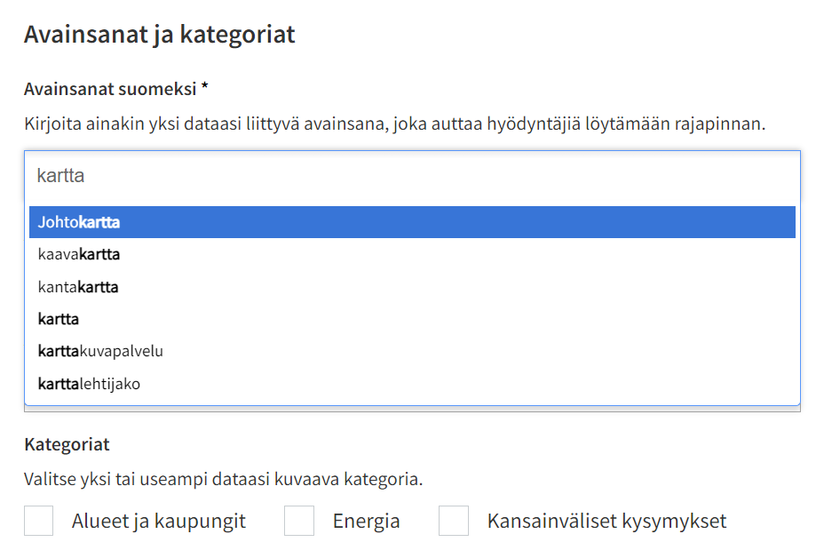 Lisää avainsana aloittamalla kirjoittamaan sitä.