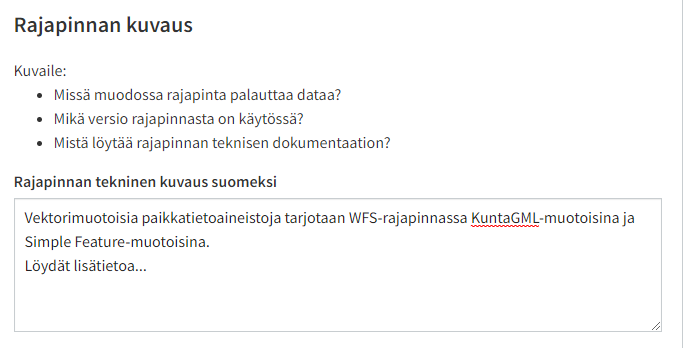 Anna rajapinnalle tekninen kuvaus.